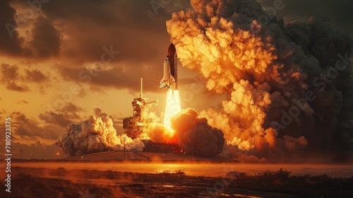 Dramatic Liftoff of Powerful Space Shuttle Soaring Through Fiery Clouds at Sunset © Sittichok