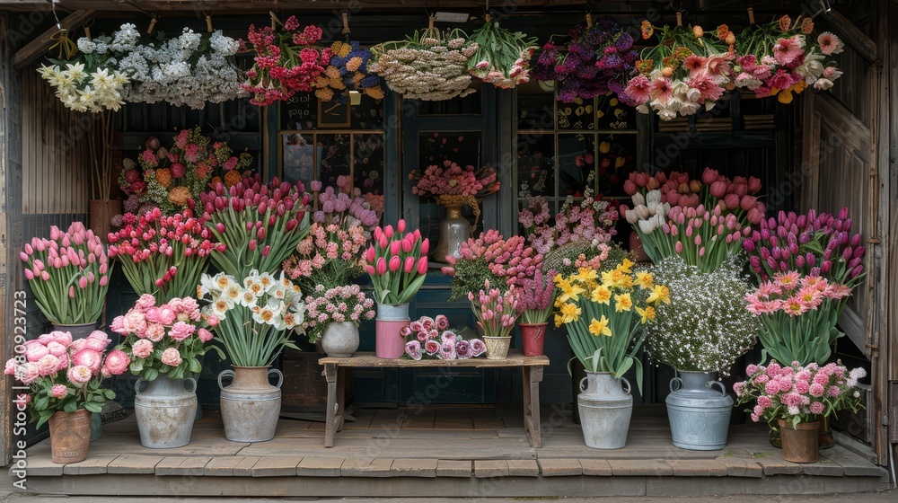   A flower shop teeming with various tulips and daffodils in buckets