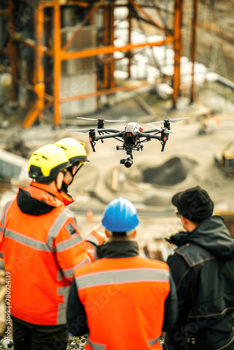 Technical team operates drones above industrial site, detailed inspection reports, ensuring safety compliance.