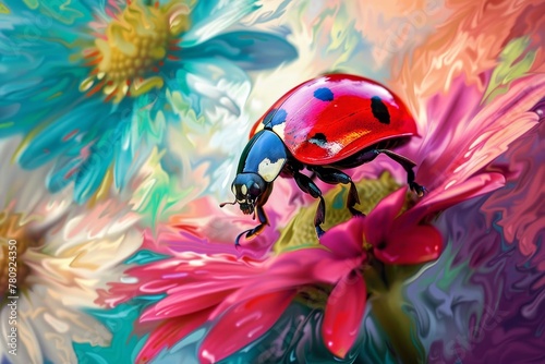 Ladybug on Vibrant Floral Artwork