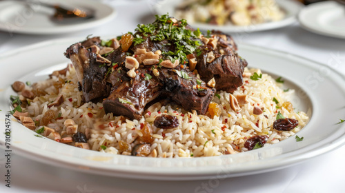 Delicious iraqi cuisine featuring succulent lamb on a bed of aromatic spiced rice garnished with nuts