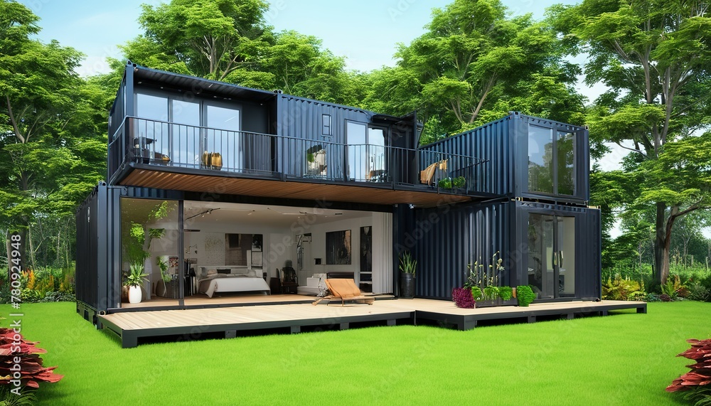 Modern container house, Modern shipping container house, modern industry exterior style house made from converted shipping container, Modern shipping container house home, tiny house in sunny day. Shi Modern container house, Modern shipping container house, modern industry exterior style house made from converted shipping container, Modern shipping container house home, tiny house in sunny day. Shi