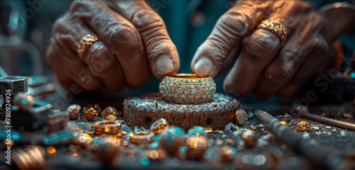 Hands of the goldsmith working on the unfinished 22 karat gold ring photo