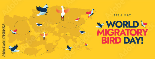 World Migratory Bird day. 11th May World Migratory Bird Day celebration cover banner, post with silhouette world map and birds with dotted lines. Migration Birds conservation Awareness banner. photo