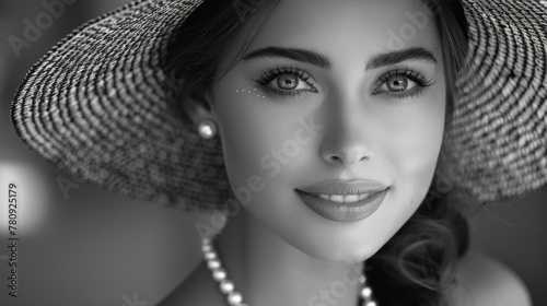 An attractive woman wearing a straw summer hat with pearls and long false eyelashes, smiling