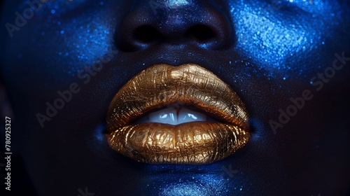 The lips of an African woman are full and shiny with gold and blue metallic make-up