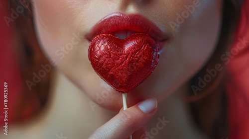 The mouth of a woman is shown biting a candy heart with her lips crimson photo