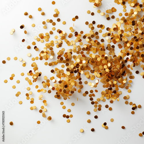 Golden confetti scattered on a white background