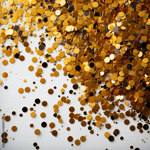 Golden confetti scattered on a shiny surface