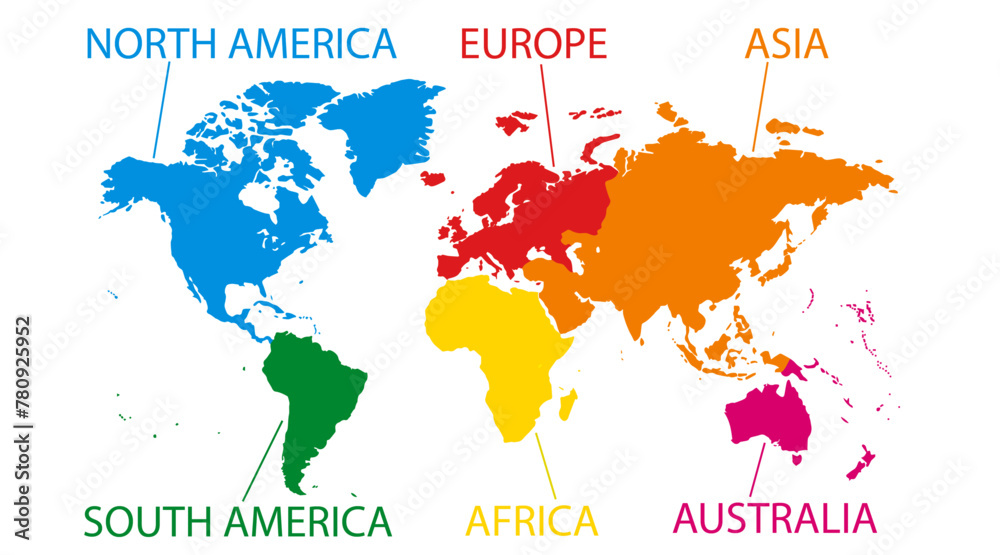 Fototapeta premium Map of the world with the names of the continents, isolated on white background. Detailed world map with individual colors for each continent, vector illustration.