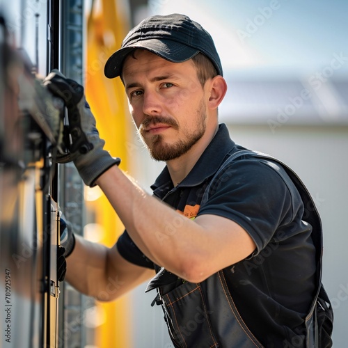 Man worker installing solar photovoltaic panels 