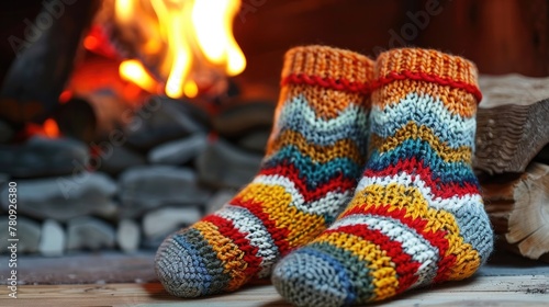 Cozy Crocheted Socks and Slippers by a Crackling Fireplace on a Rustic Wooden Floor