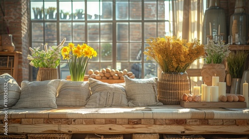   A wooden table, topped with various pillows and vases brimming with flowers, sits beside a window adorned with panes photo