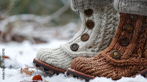 Stylish Knitted Boot Cuffs Adorning Weathered Hiking Boots in a Snowy Landscape
