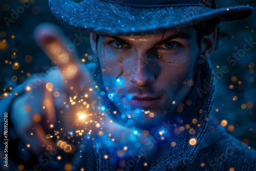 Mystical man holding sparkling lights. Generative AI image photo