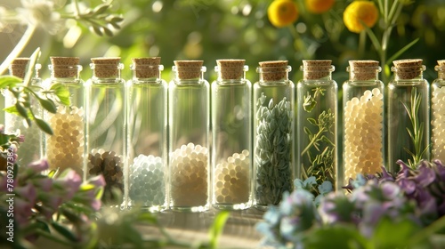 Variety of homeopathic remedies in small glass vials against a backdrop of fresh herbs and flowers. Concept of alternative medicine, organic apothecary, herbal extracts, homeopathy, naturopathy.