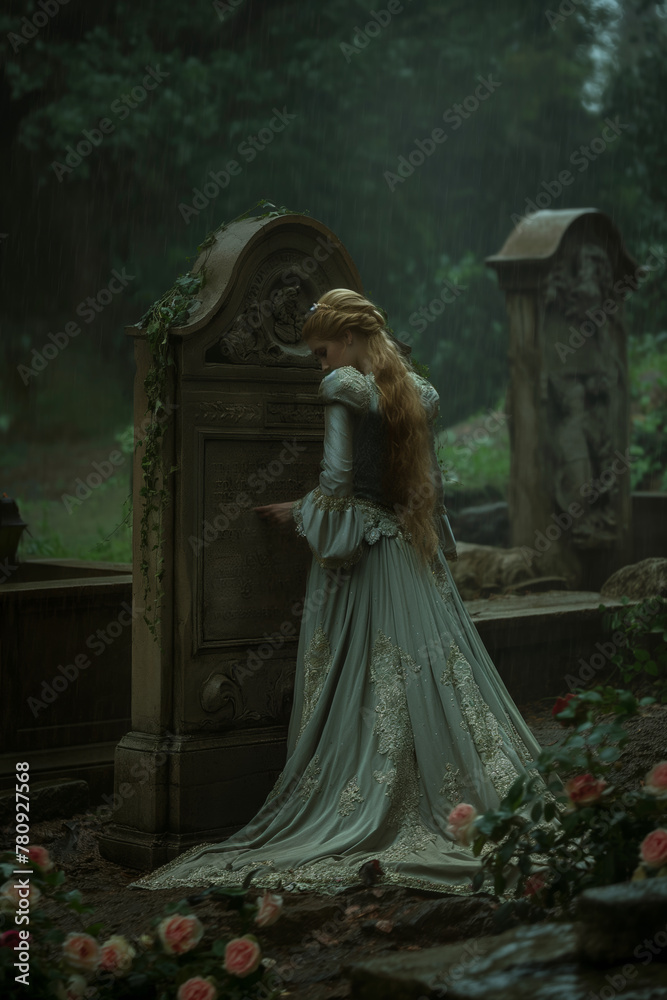 Dreamlike girl in Victorian gown at a grave site