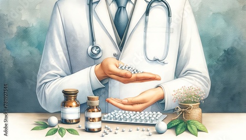 Digital art of Doctor Homeopath with homeopathy medicine bottle. Hand displaying homeopathic globules. Concept of homeopathy, alternative medicine, organic apothecary, naturopathy photo