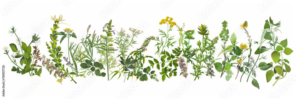 Collection of medicinal plants and herbs. Variety of herbal medicine flora. Concept of homeopathy, natural healing, botanical diversity, and alternative medicine. White background - obrazy, fototapety, plakaty 