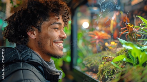 Smiling man observing a Madagascar hissing cockroach. Adult male enjoying entomology exhibit. Concept of nature fascination, insect interaction, zoological education © Jafree