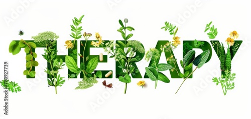 Word THERAPY created with medicinal herbs and flowers on white background. Concept of alternative medicine  green health solutions  natural supplements  organic apothecary  homeopathy  naturopathy.