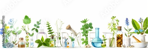 Digital art of Homeopathy laboratory setup with medicinal herbs, vials with herbal extracts, mortar, pestle, pills on white background. Concept of natural medicine preparation, homeopathy. Copy space