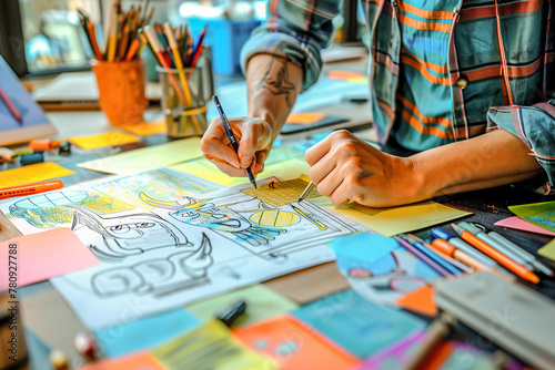 Content creator brainstorming ideas, sketching storyboards for social media campaigns, surrounded by colorful props and digital devices.