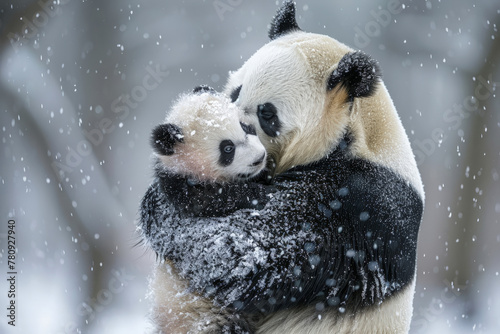 Affectionate giant pandas in a snowy embrace. Generative AI image photo