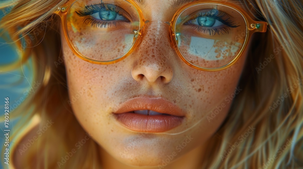 The image shows an attractive young woman with long blond hair and yellow acetate frames.