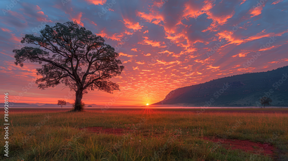 A tree stands in the foreground as the sun sets over a tranquil field, framed by a distant mountain range A tree stands in the foreground as the sun sets over a tranquil field, framed by a distant mountain range