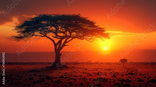  A solitary tree stands in a field as the sun sets, its backdrop being a distant mountain range