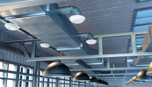 HVAC system. Fragment of industrial ventilation on the ceiling of the workshop. Laying of ventilation karobs. Cleaning air in production. photo