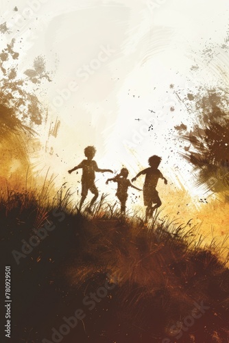 Group of children running on a grass covered field  ideal for outdoor activities concept