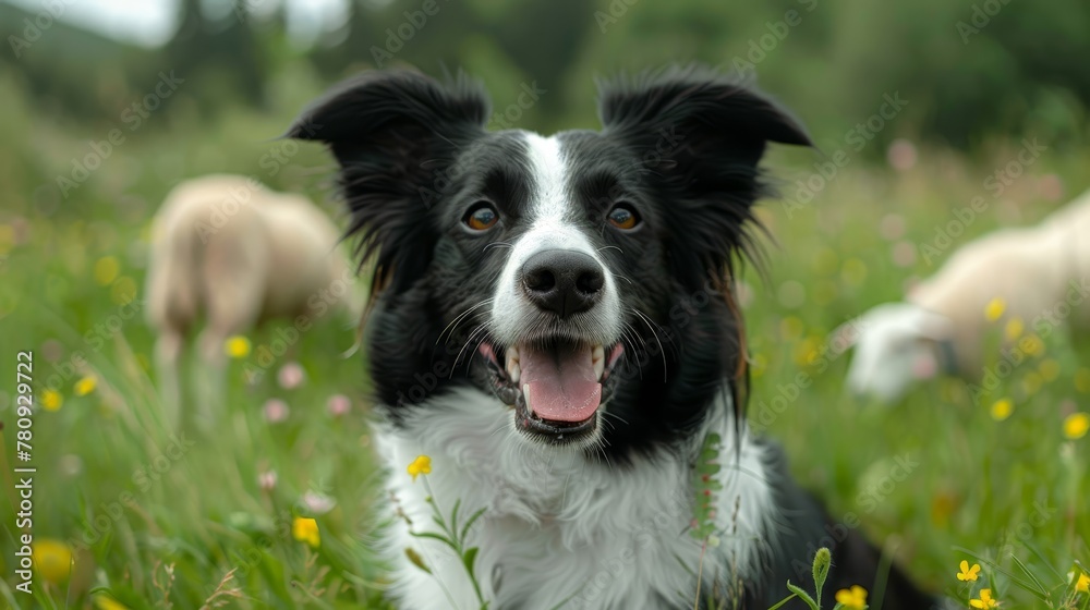   A tight shot of a dog in a lush grass field, surrounded by grazing sheep in the background One dog gazes directly at the camera