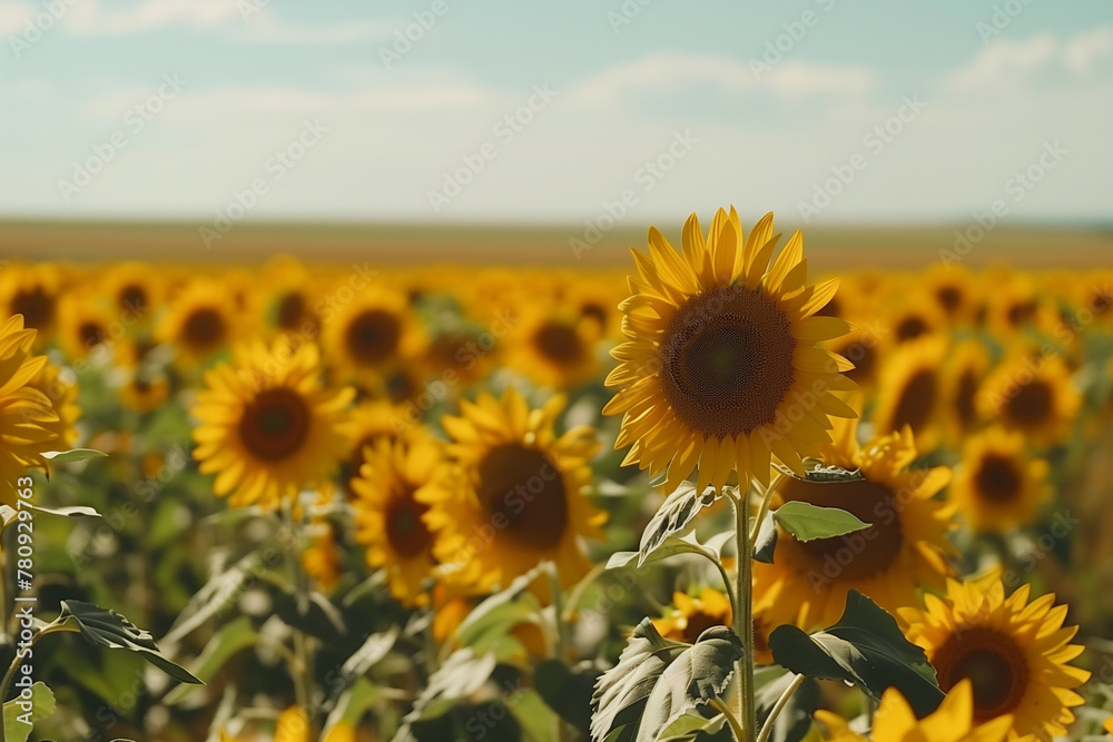 Fototapeta premium A sunflower field stretches towards the horizon, its golden blooms swaying in the warm summer breeze