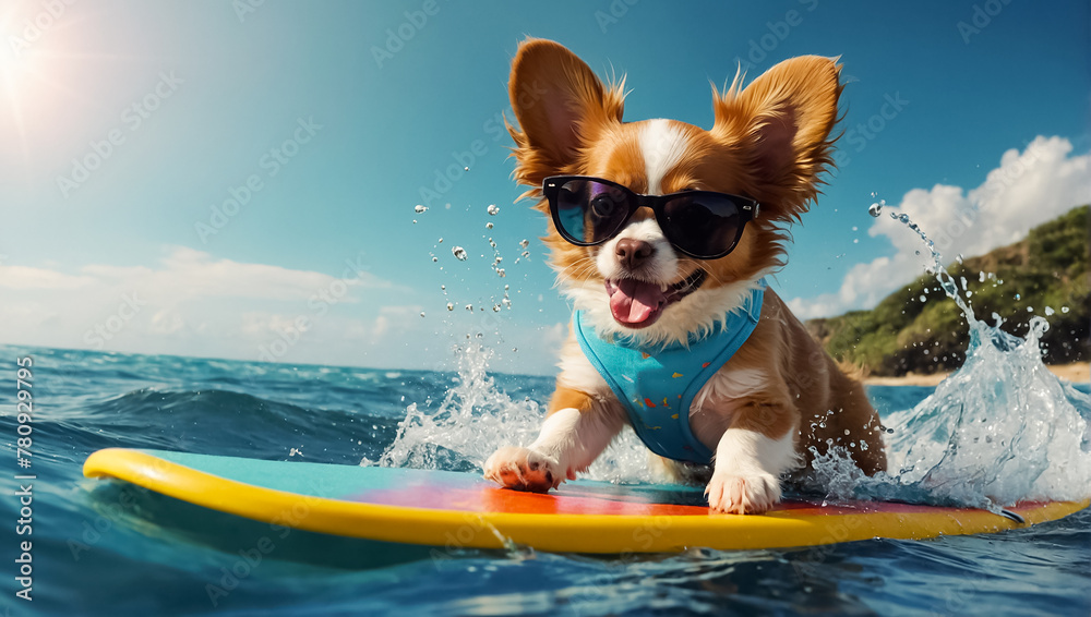 cute dog on a surfboard, splashes, summer