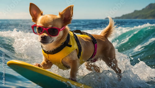 cute dog on a surfboard, splashes, summer © tanya78