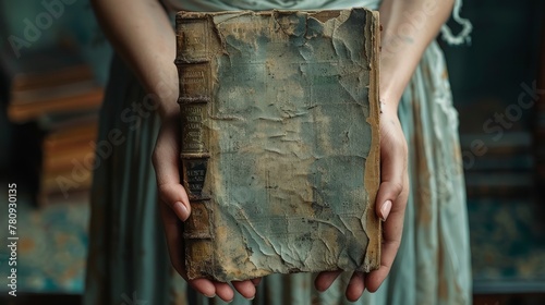 An antique torn book with the hands of a young woman held against the black dress of a grunge texture background.