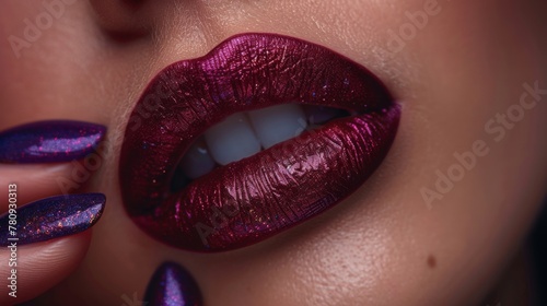 Hand with purple nail polish touching tanned face with ombre lipstick. Close-up of woman's mouth with dark purple lipstick. photo