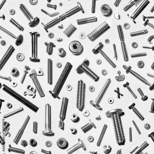 Various screws and nuts on a white background, suitable for industrial and construction themes