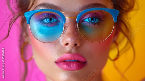 An elegant woman in colorful makeup, nail polish, and accessories poses in a vibrant studio shot. Vivid colors. Beautiful lady with colorful hairstyle. Rainbow colors.