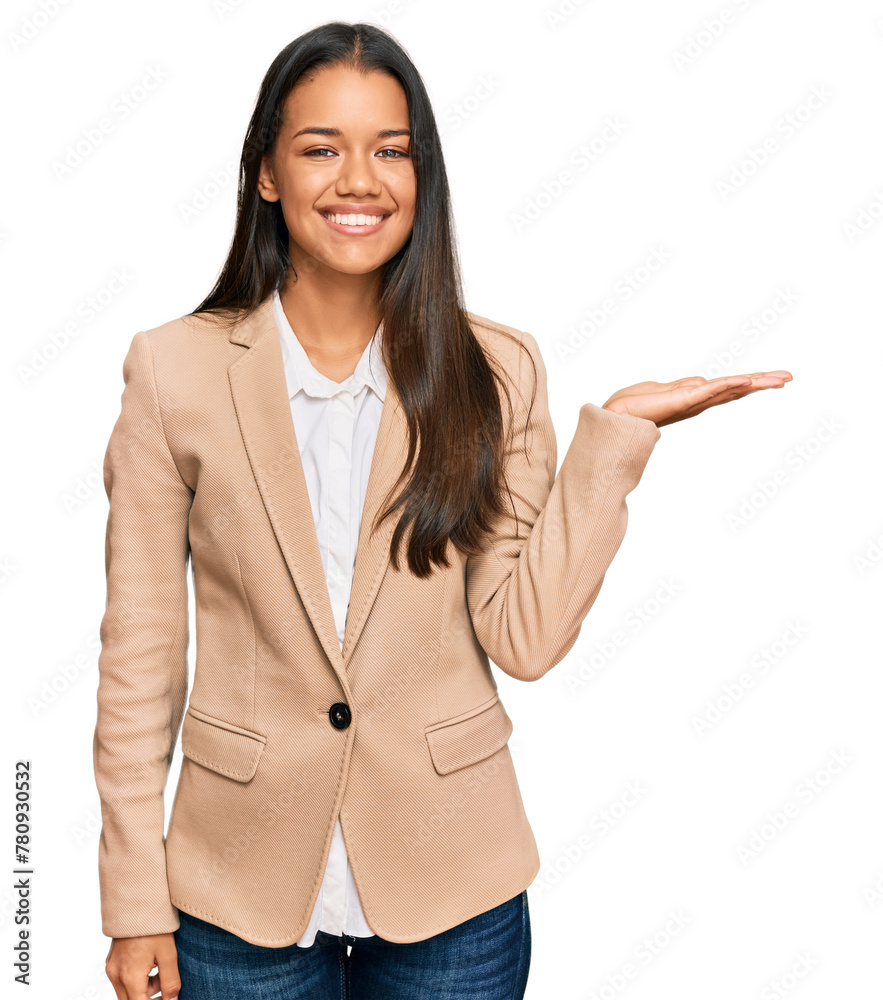 Beautiful hispanic woman wearing business jacket smiling cheerful presenting and pointing with palm of hand looking at the camera. Beautiful hispanic woman wearing business jacket smiling cheerful presenting and pointing with palm of hand looking at the camera.