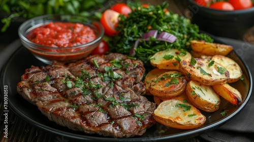  A plate holds a steak, potatoes, and tomatoes A small bowl accompanies the dish, filled with tomato sauce