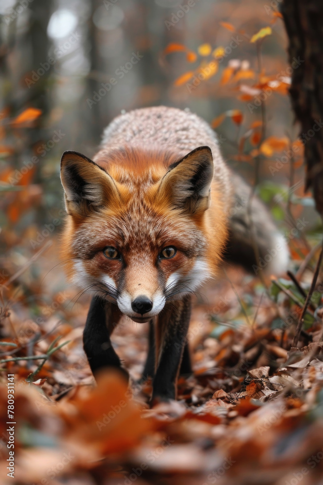 Obraz premium A red fox is walking through a dense forest, the ground covered in fallen leaves. The foxs vivid fur contrasts with the autumnal hues of the surrounding foliage
