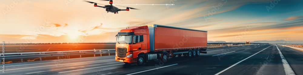 A red cargo truck speeds along a smooth highway at sunset, under the watchful eye of a flying drone