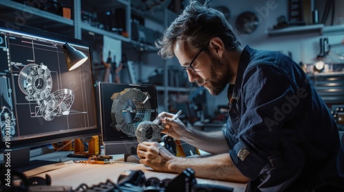 Man using computer in workshop, suitable for technology concepts