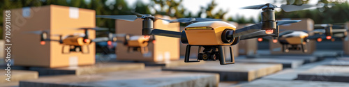 A fleet of unmanned drones equipped with packages hovers above a city distribution hub during the evening golden hour