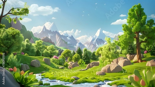 3d rendering of cartoon forest landscape with montains photo