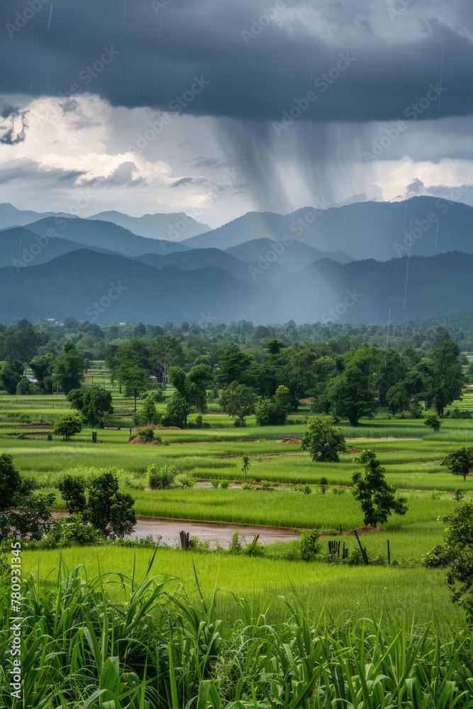 Lush green rice fields stretch before a backdrop of mountains and dark storm clouds with visible rain in the distance