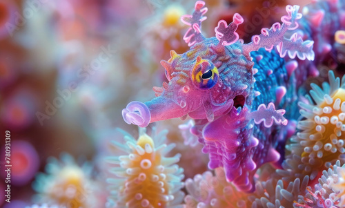 A psychedelic sea horse blends with the vivid hues of a coral reef, showcasing natures artistry